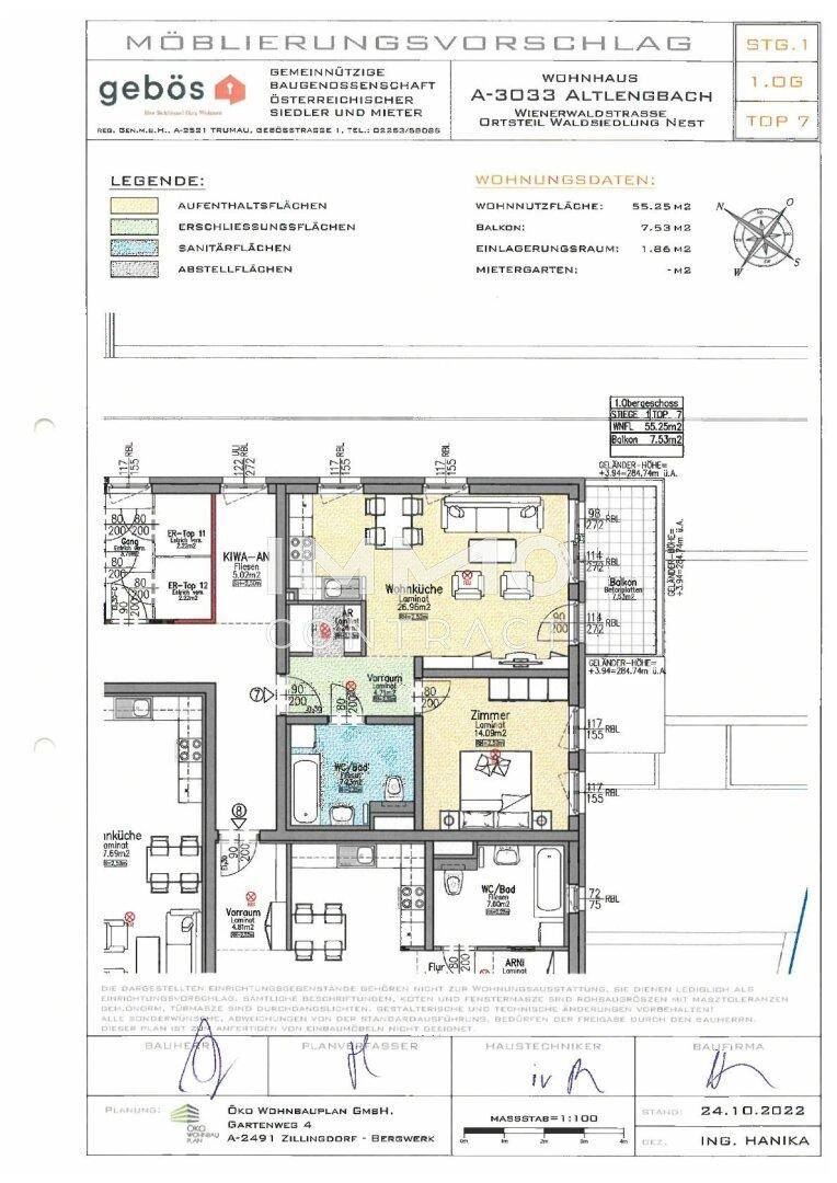 Detaillierter Grundriss mit Möblierungsvorschlag und Wohnungsdaten für die 1. Etage.