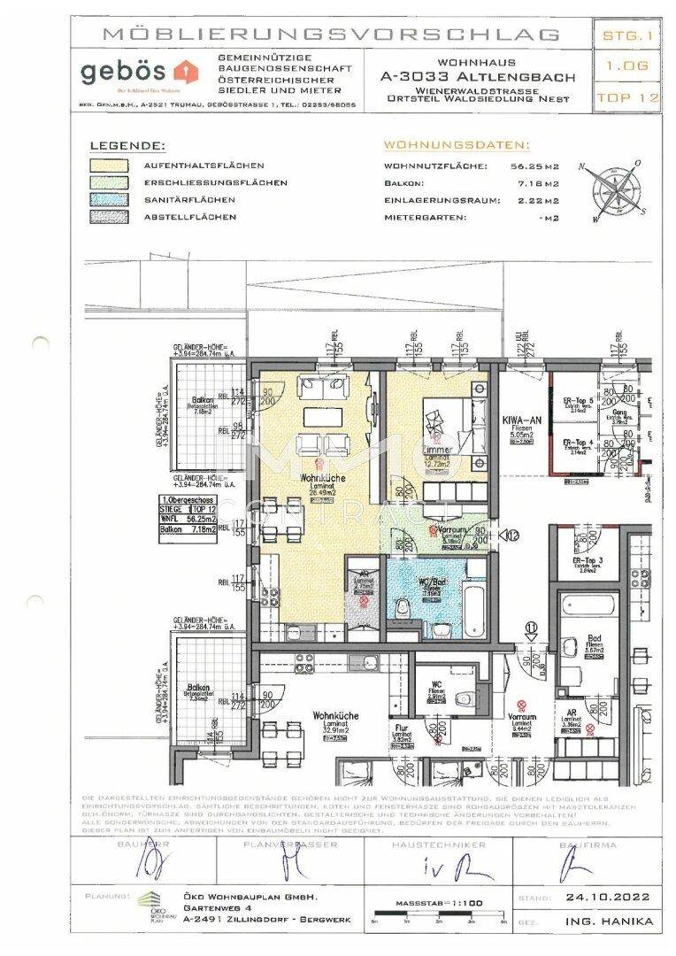 Detaillierter Grundriss einer Wohnung mit offener Wohnküche, Schlafzimmern und Balkon.