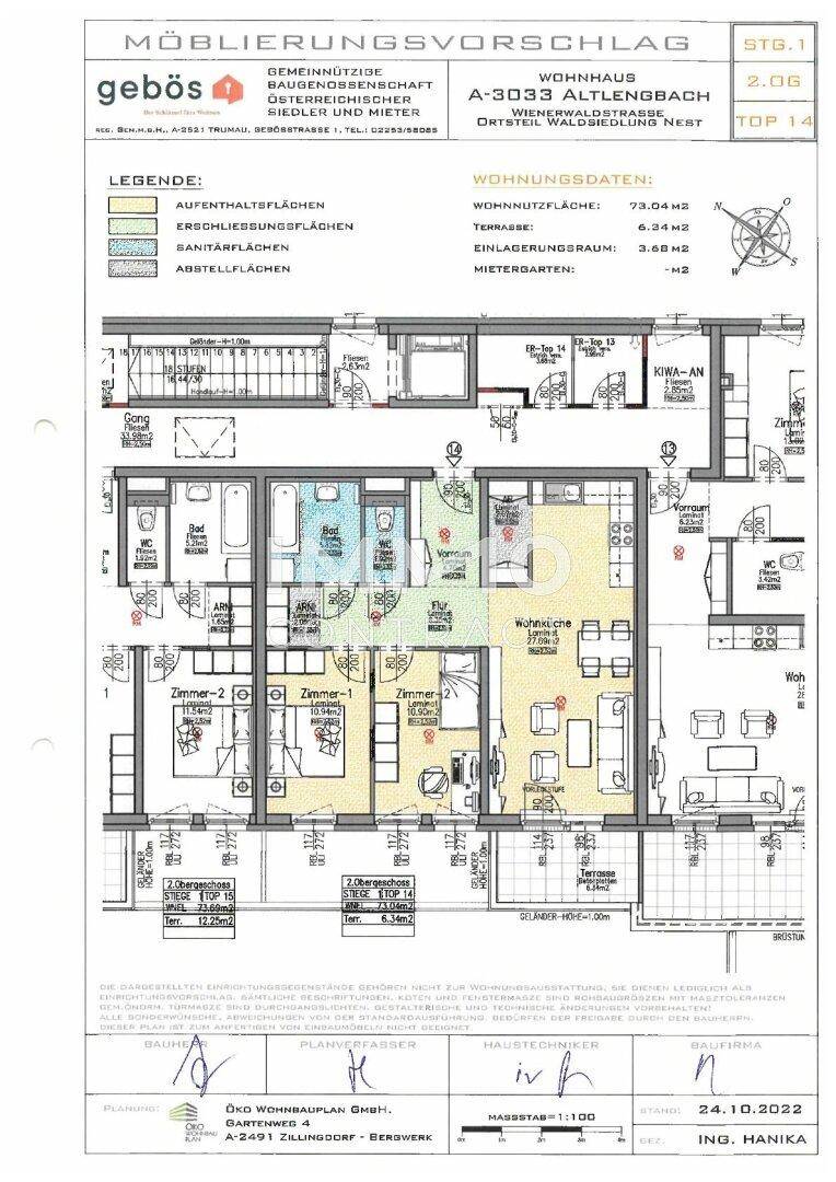 Detaillierter Grundriss einer Wohnung mit mehreren Zimmern, offenem Wohnbereich und Terrasse.