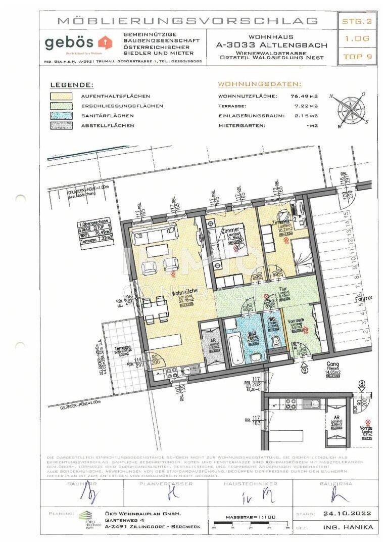 Detaillierter Grundriss einer Wohnung mit Wohn-, Schlaf- und Sanitärbereichen.
