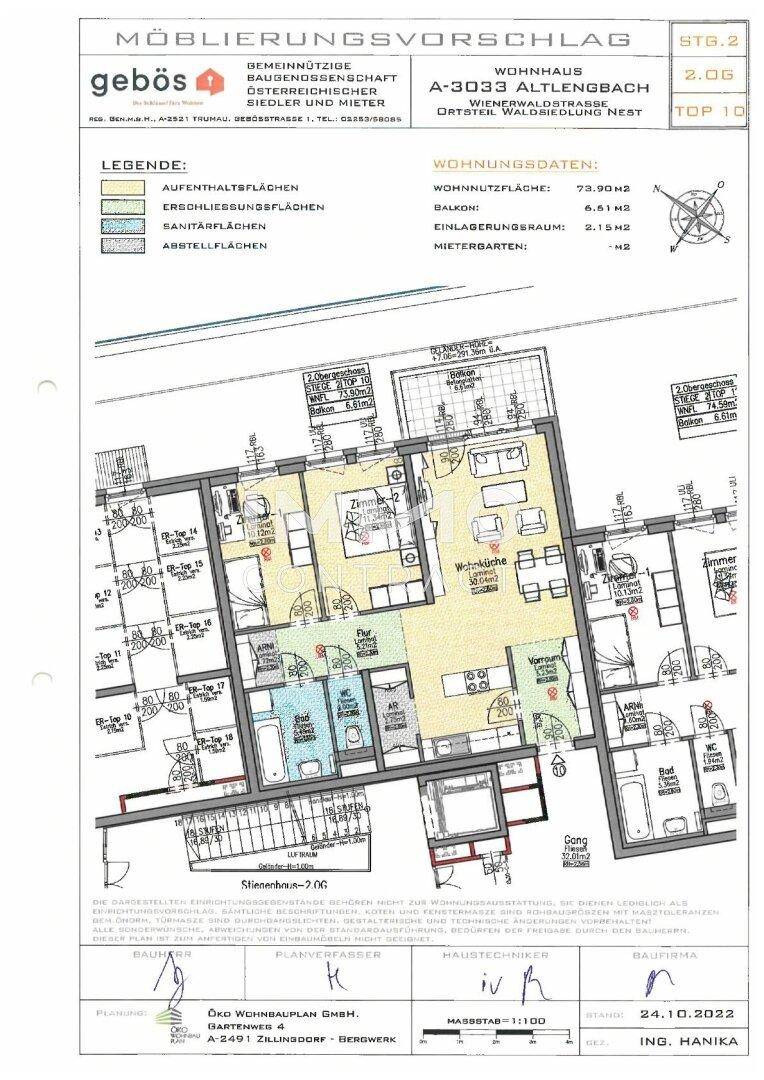 Detaillierter Grundriss mit Möblierungsvorschlag und Raumaufteilung für eine 73,90 m² Wohnung.