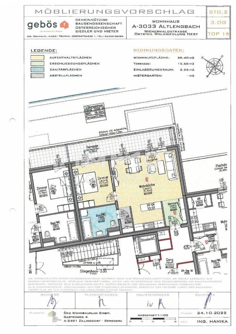 Detaillierter Grundrissplan einer Wohnung mit Wohnküche und Terrasse.