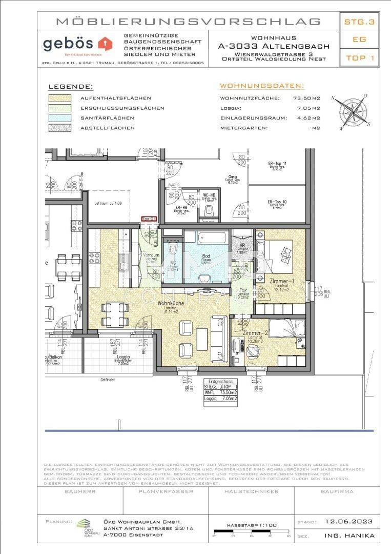 Detaillierter Grundriss einer Wohnung mit Wohnküche und Loggia.