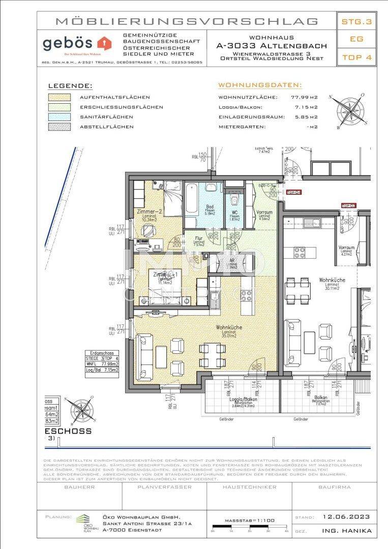 Detaillierter Grundriss einer Wohnung mit Möblierungsvorschlag und Flächenangaben.