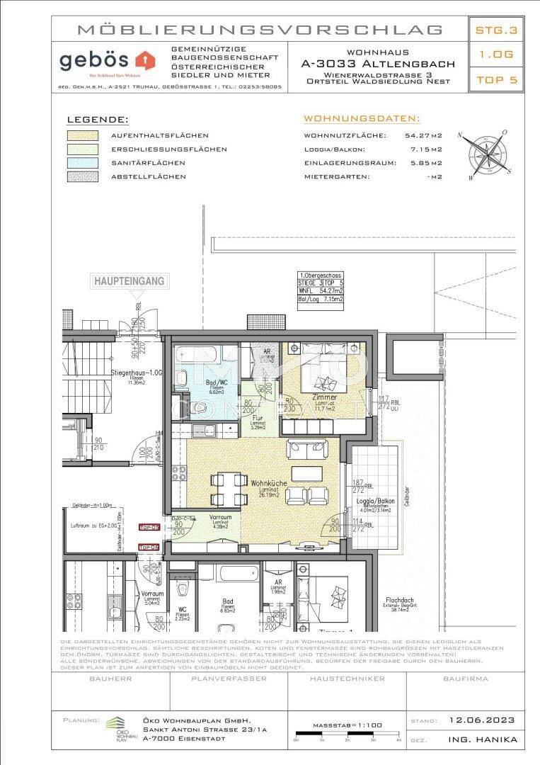 Detaillierter Grundriss mit Möblierungsvorschlag und Wohnungsdaten.