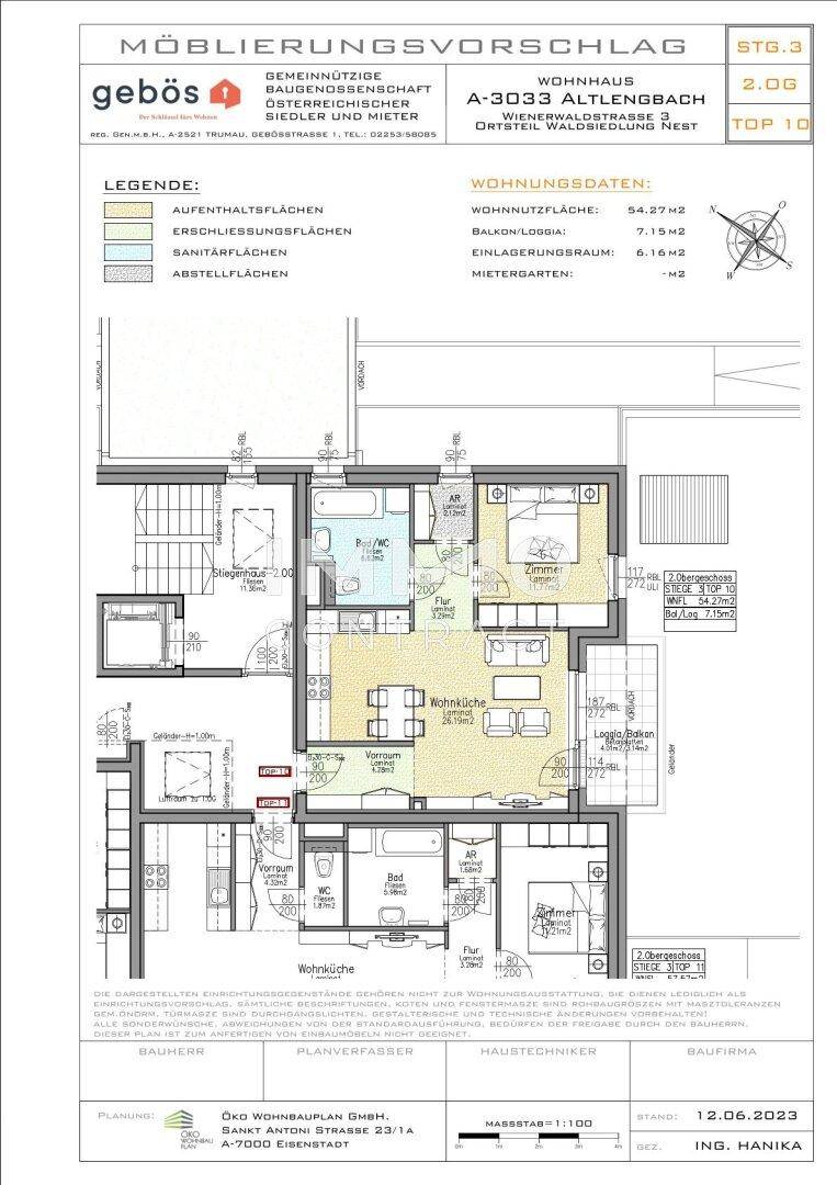 Detaillierter Grundriss mit Möblierungsvorschlag und Wohnungsdaten für eine 2-Zimmer-Wohnung.