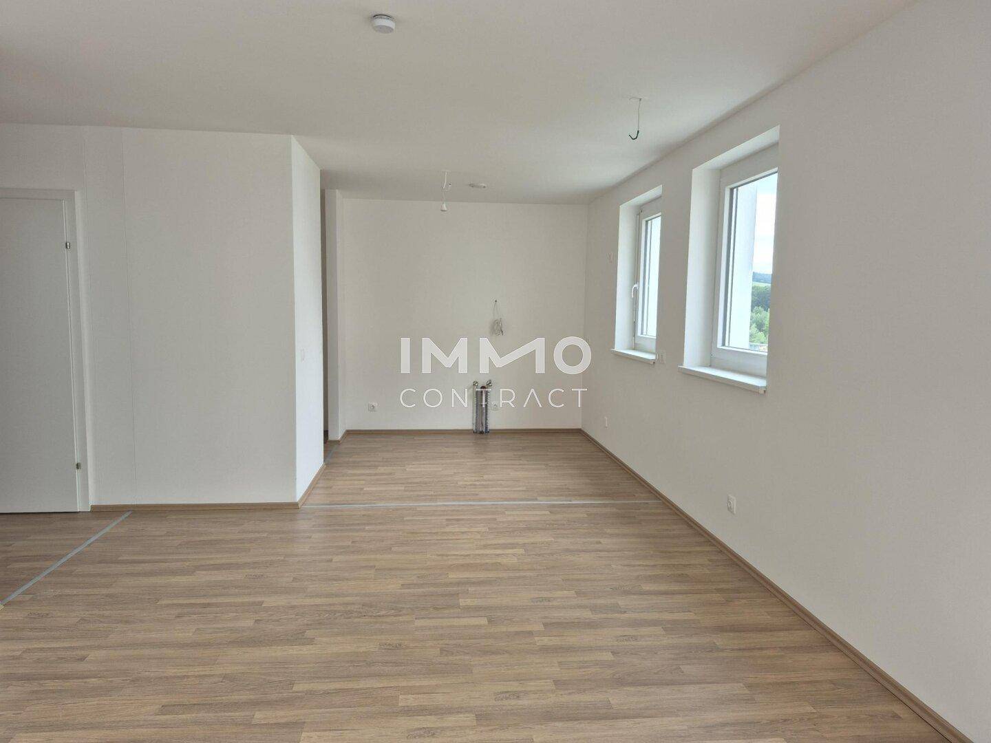 Großzügiger, heller Wohnbereich mit Laminatboden und mehreren Fenstern, die viel Licht spenden.