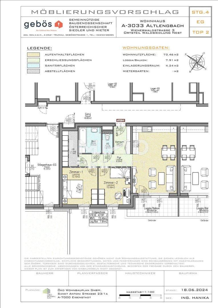 Detaillierter Grundriss einer Wohnung mit Möblierungsvorschlag und Flächenangaben.