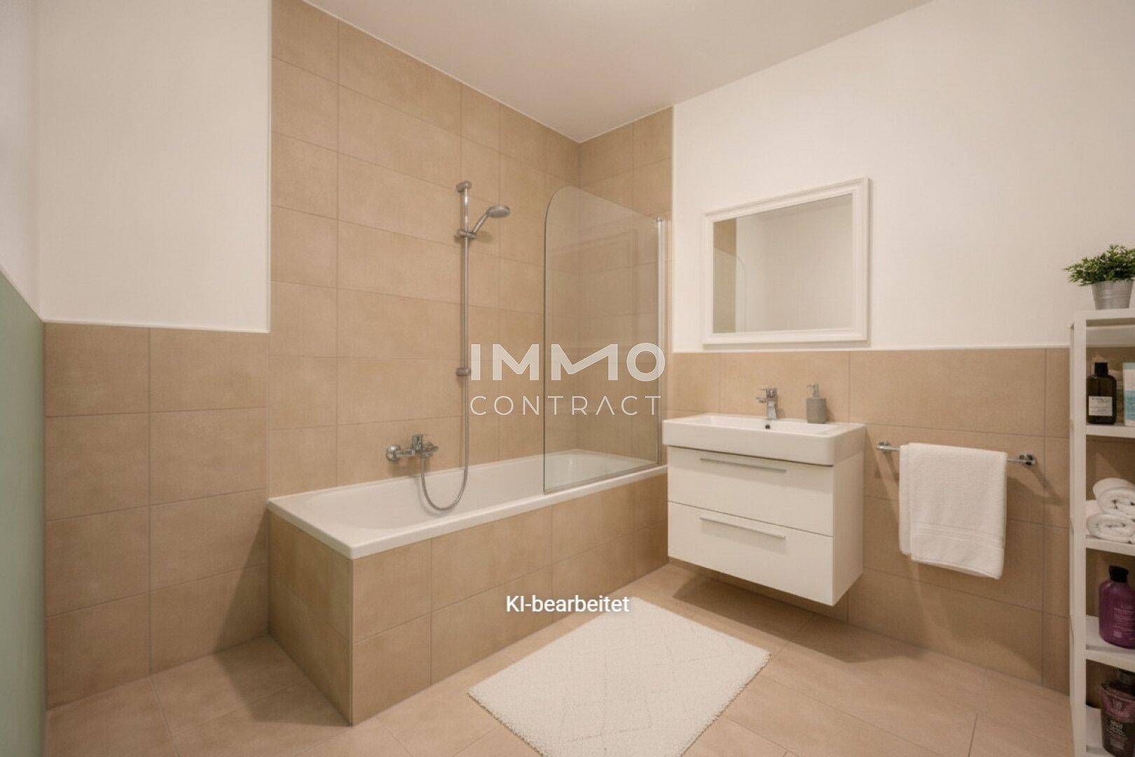 Modernes Badezimmer mit Badewanne, Duschbereich, Einzelwaschbecken und beigefarbenen Fliesen.
