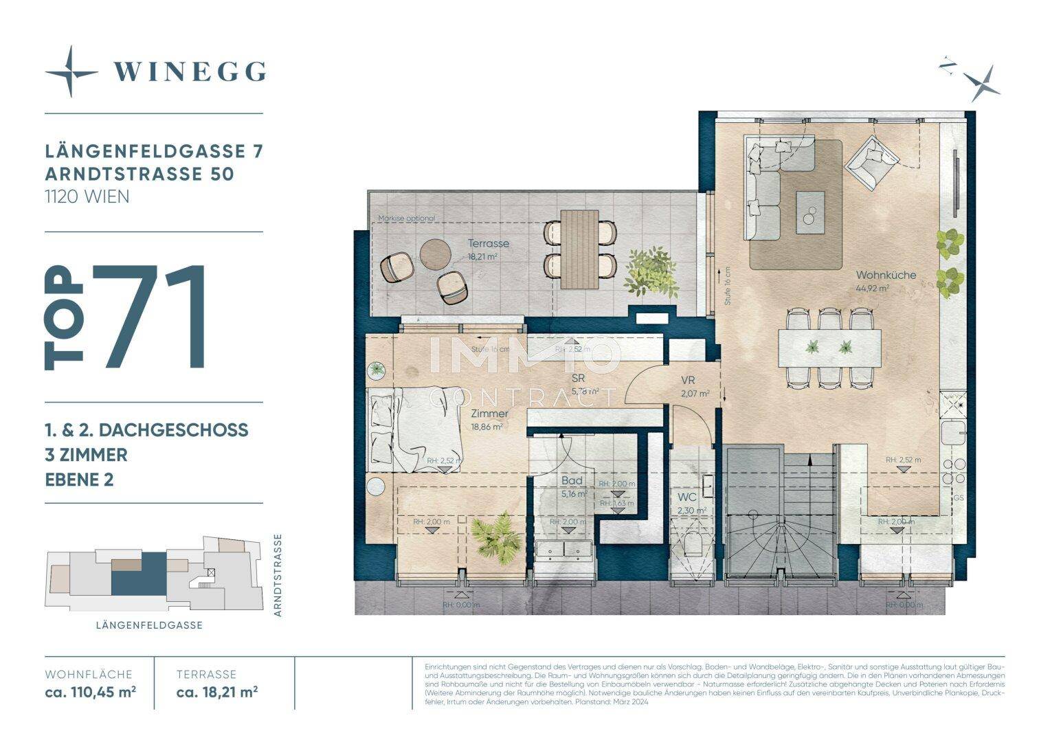 Grundriss der zweiten Ebene einer Dachgeschosswohnung mit Wohnbereich und Terrasse.