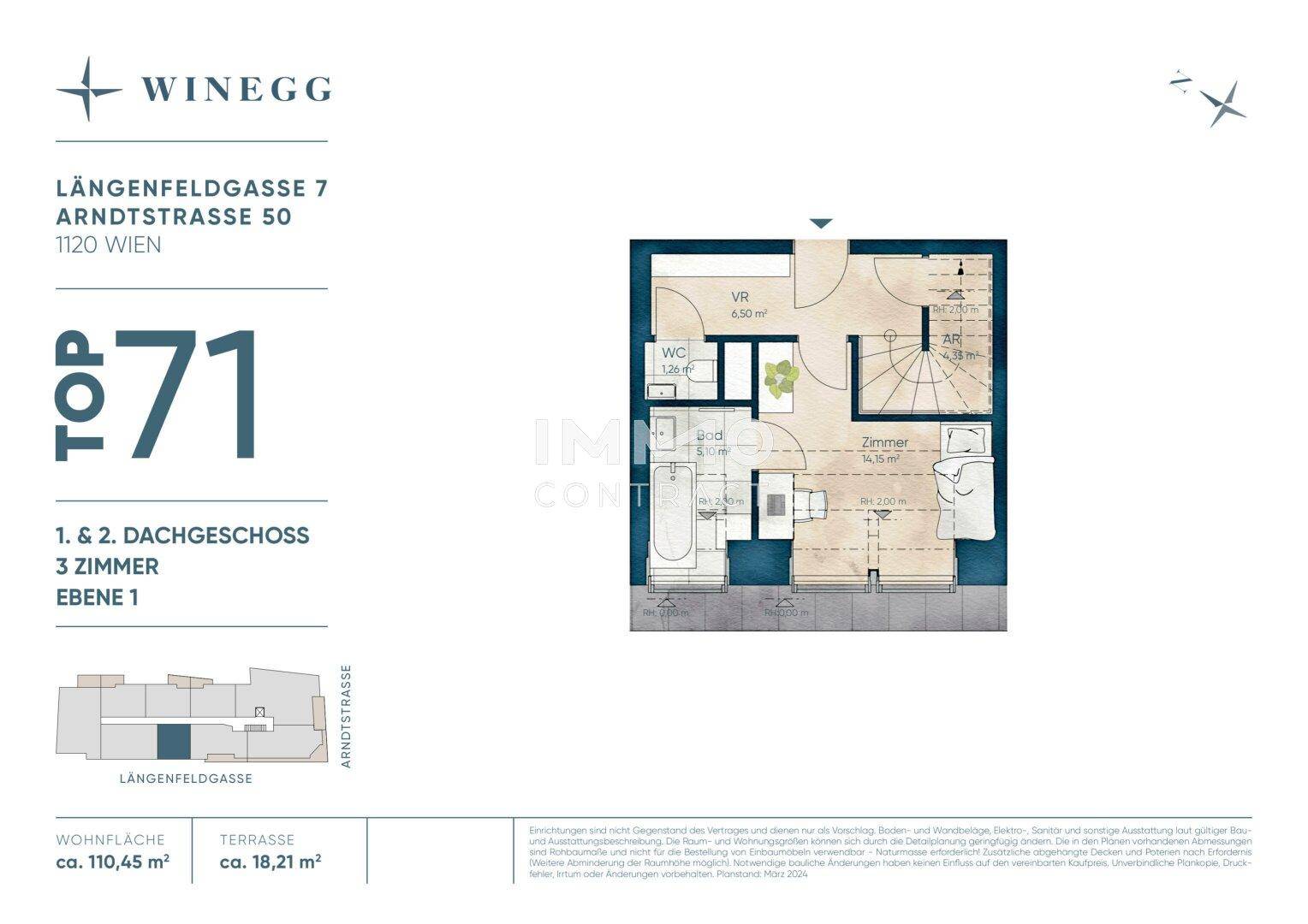 Grundriss der ersten Ebene einer Dachgeschosswohnung mit Bad und Zimmer.