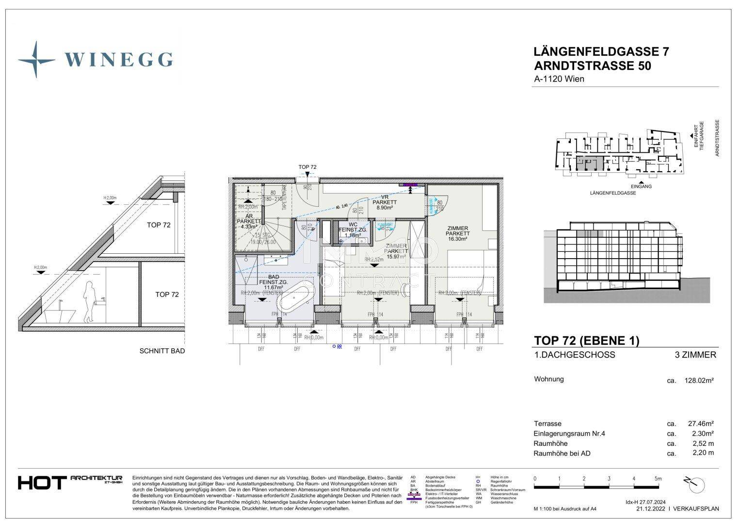 Grundriss der oberen Ebene (Ebene 1) mit Bad, Zimmer und Terrasse.