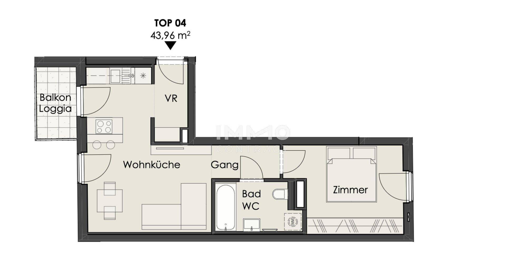 Grundriss für TOP 04 mit 43,96 m², zeigt Wohnküche, Schlafzimmer und Balkon/Loggia.