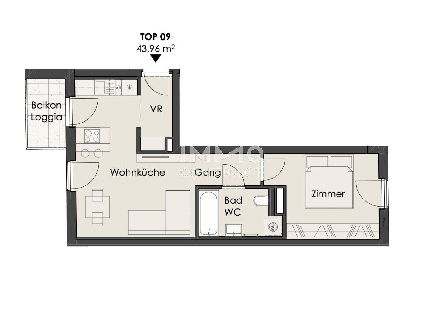 Grundriss einer Wohnung mit Wohnküche, Schlafzimmer, Bad und Balkon/Loggia.
