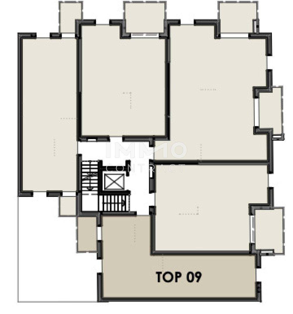Grundriss eines Stockwerks mit mehreren Wohneinheiten und zentralem Treppenhaus.