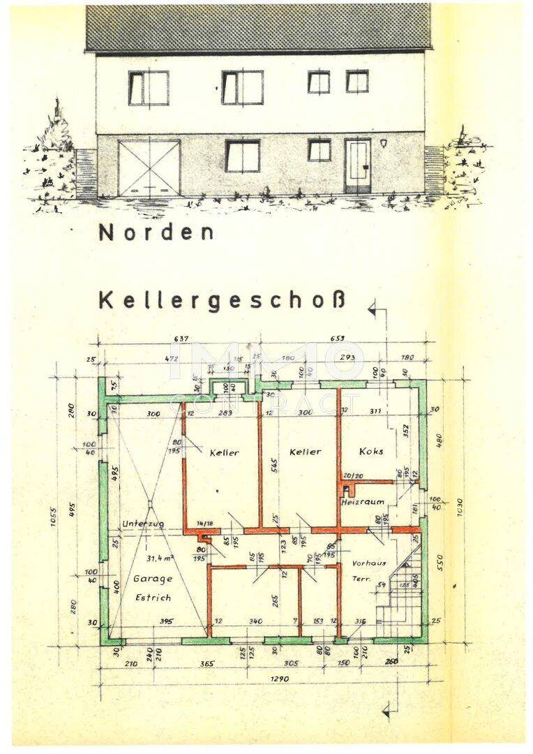 Grundriss des Kellergeschosses mit Garage, Kellerräumen und Heizraum.