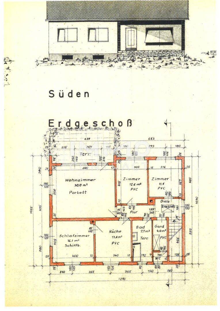 Grundriss des Erdgeschosses mit Wohnzimmer, Schlafzimmer, Küche und Bad.