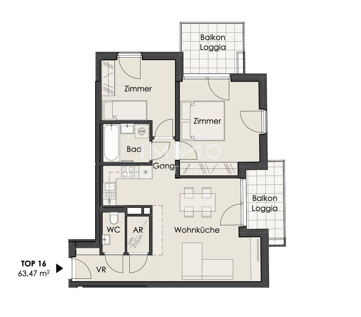 Grundriss einer Wohnung mit zwei Zimmern, offener Wohnküche, Bad und zwei Balkonen oder Loggien.