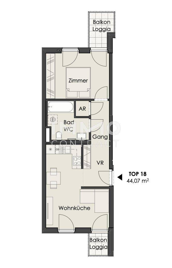 Grundriss einer Wohnung mit Wohnküche, Schlafzimmer und zwei Balkonen/Loggien.
