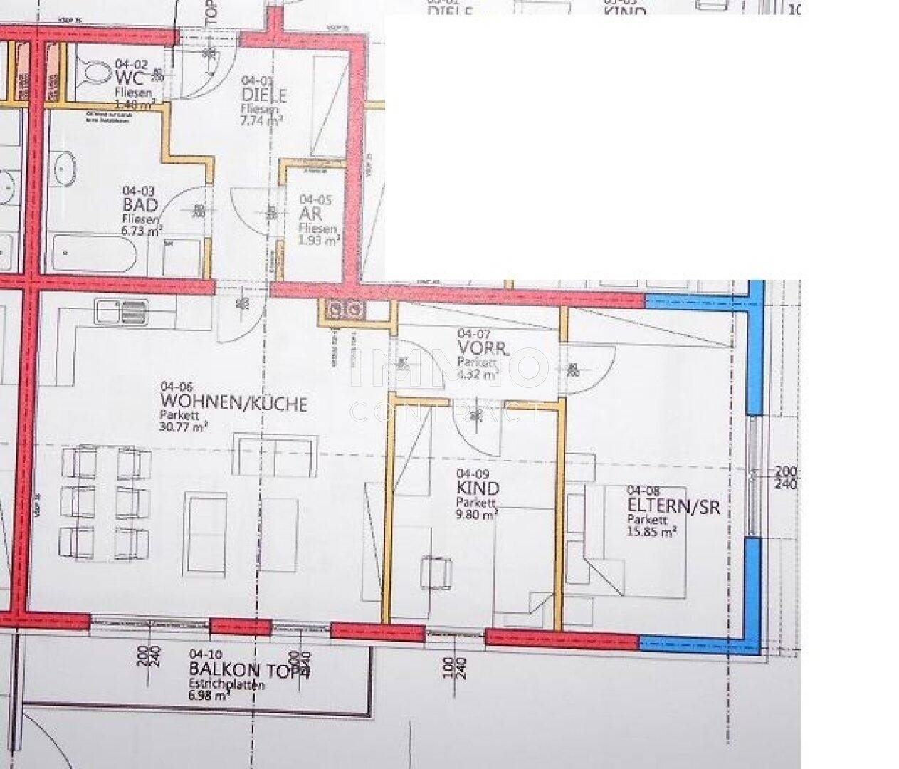 Detaillierter Grundriss mit Wohn-/Küchenbereich, Bad, WC und Balkon.