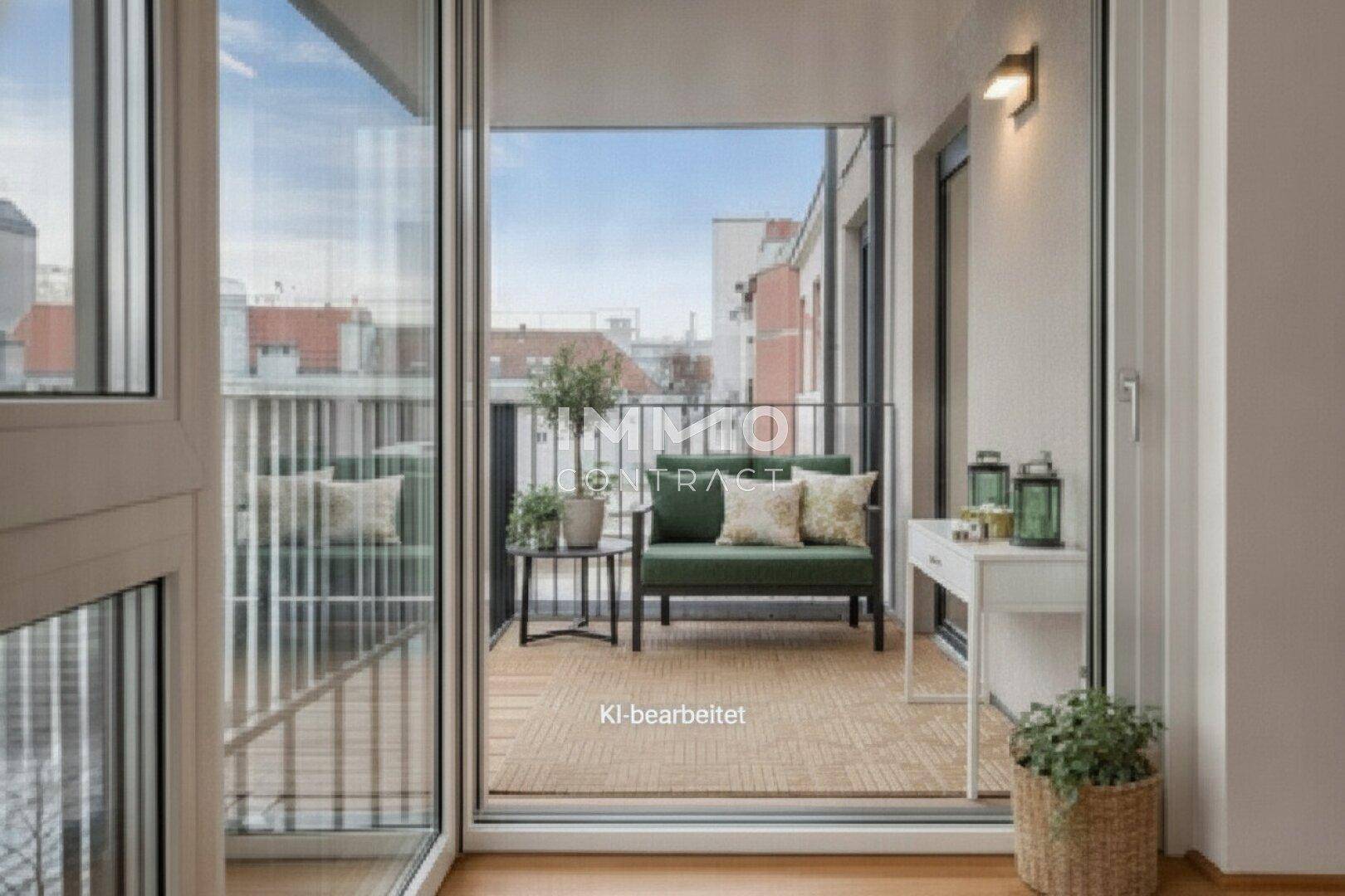 Heller Balkon mit bequemen Sitzmöbeln, Pflanzen und urbanem Ausblick.