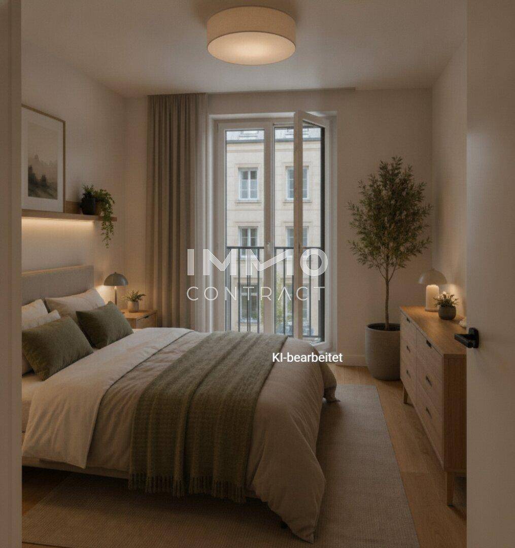Gemütliches Schlafzimmer mit Doppelbett, Holzkommode und Zugang zu einem französischen Balkon.