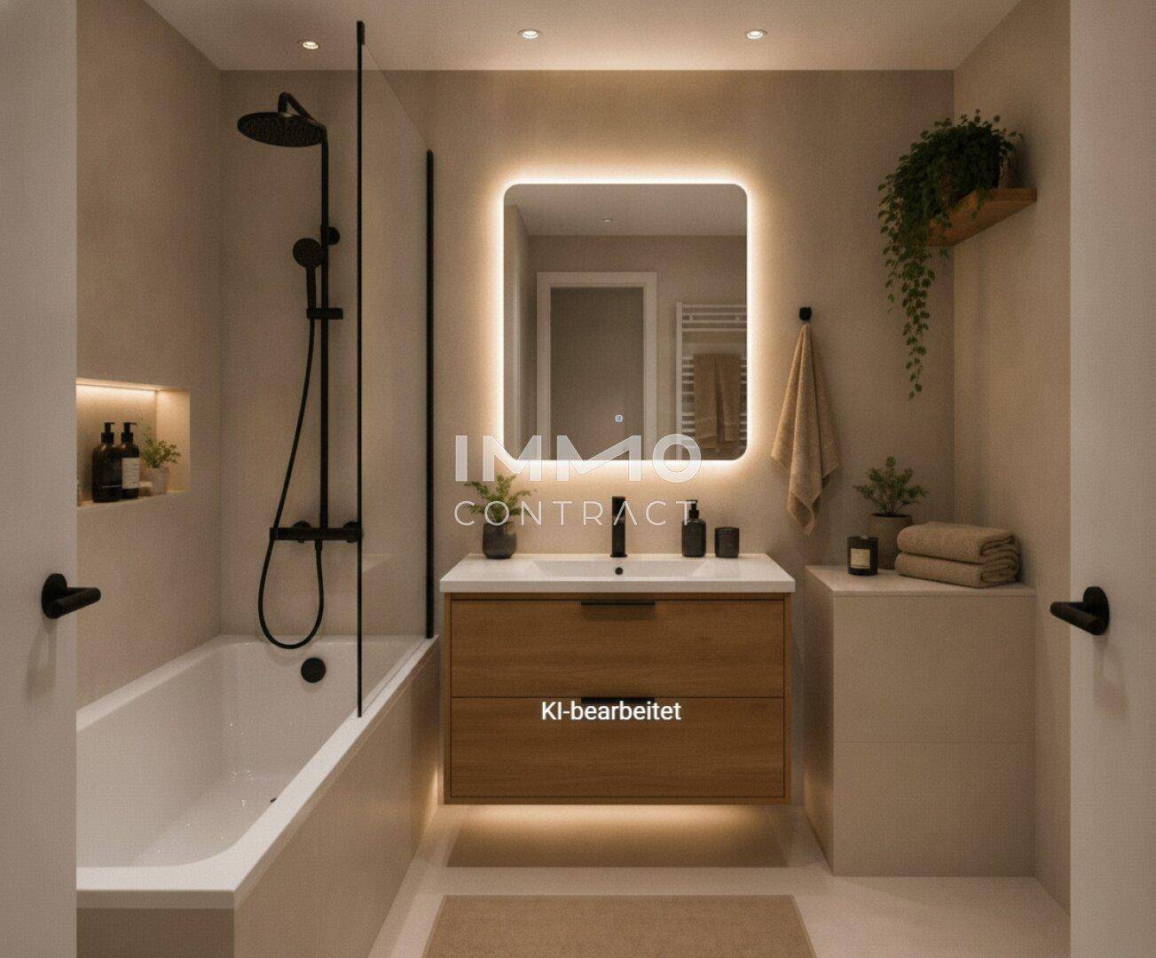 Modernes Badezimmer mit Badewanne, Dusche, beleuchtetem Spiegel und Holzwaschtisch.