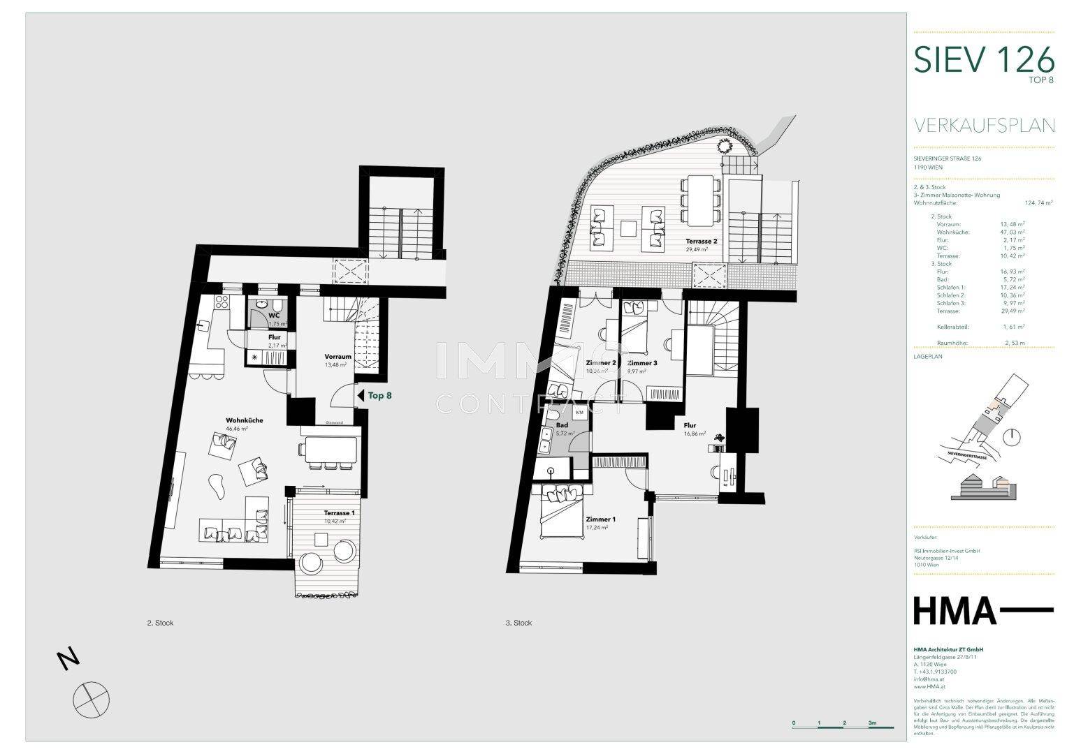 Detaillierter Verkaufsplan der Wohnung mit zwei Terrassen und mehreren Zimmern.