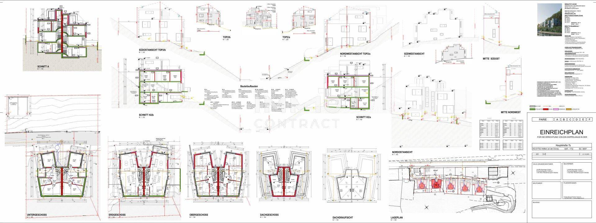 Umfassender Einreichplan mit architektonischen Details und verschiedenen Gebäudeansichten.