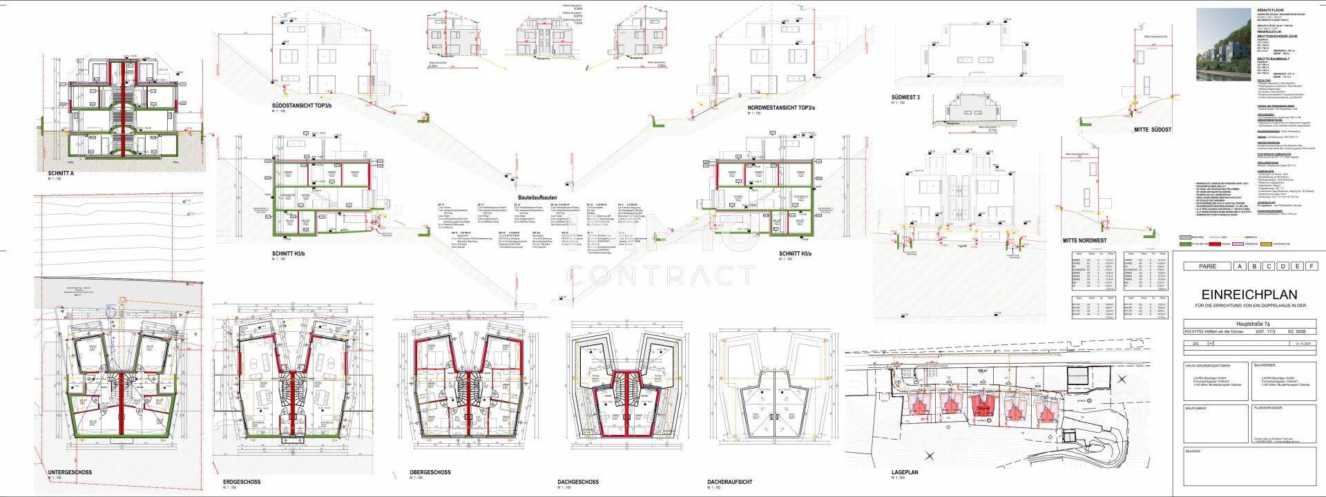 Architektonischer Plan mit Grundrissen, Schnitten und Ansichten der geplanten Gebäude.