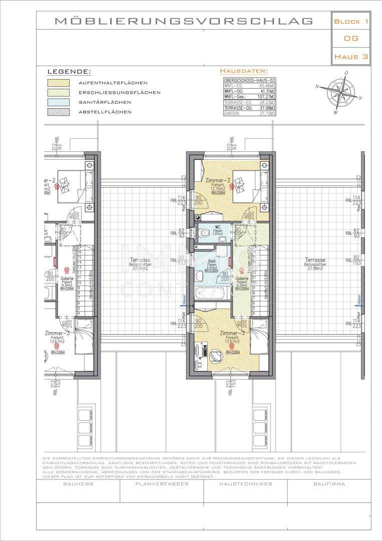 Grundriss für das Obergeschoss von Haus 3 mit Schlafzimmern und Badezimmer.