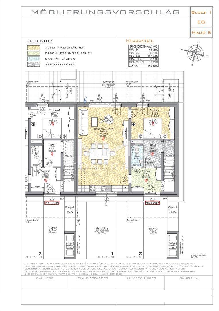 Grundriss des Erdgeschosses von Haus 5 mit offenem Wohn-Essbereich, Küche und Terrasse.