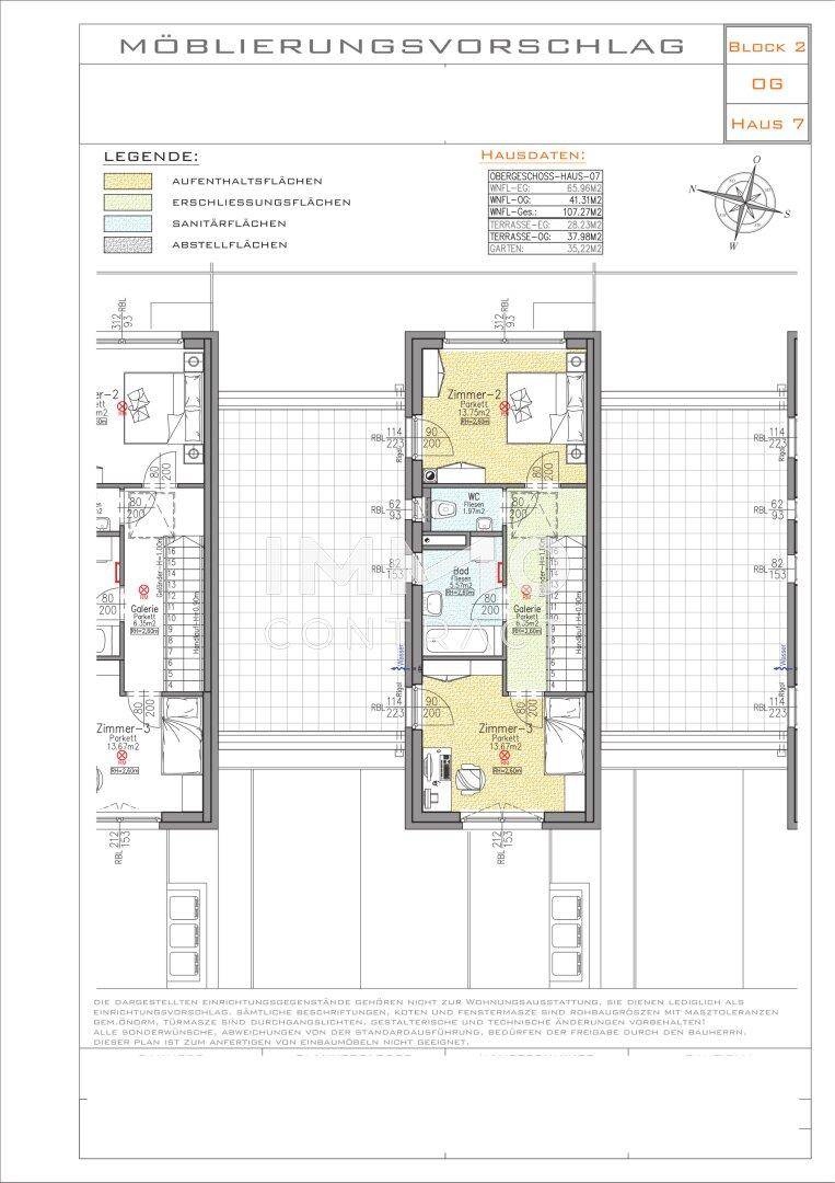 Grundriss des Obergeschosses von Haus 7 mit zwei Schlafzimmern und einem Badezimmer.