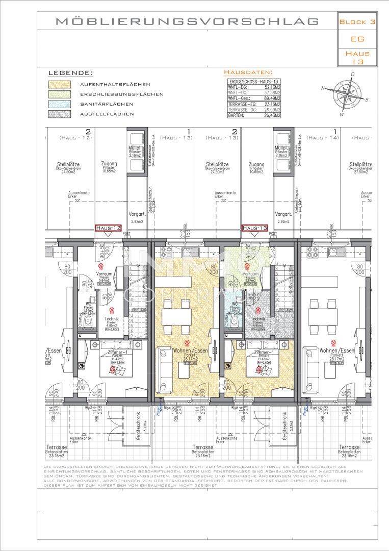 Grundriss für das Erdgeschoss mehrerer Häuser mit offener Wohnküche und Terrassenzugang.