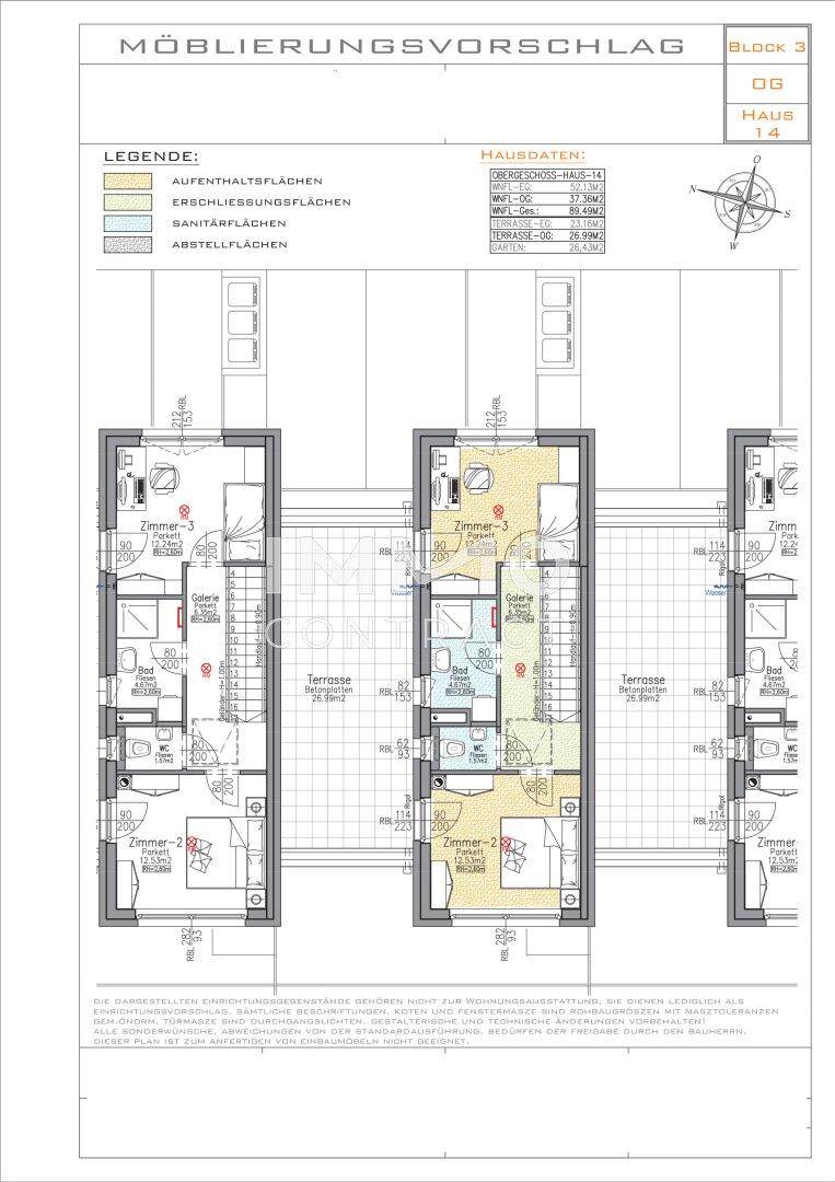 Grundrissplan des Obergeschosses mit Schlafzimmern und Bädern.