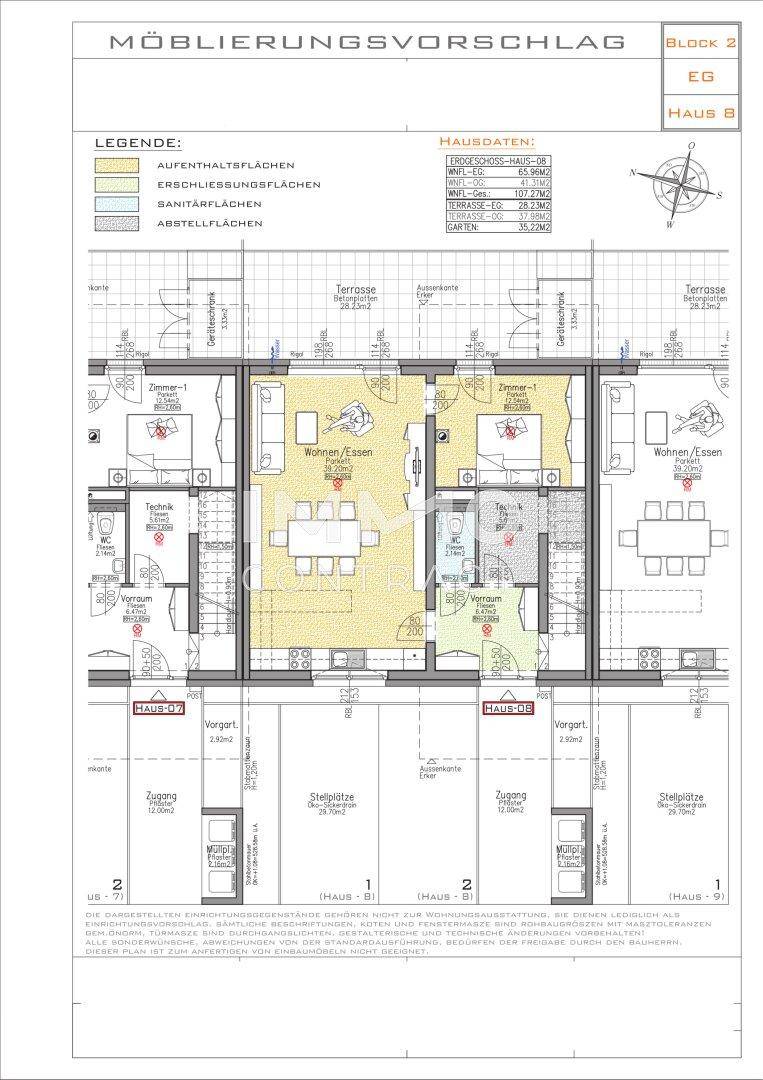 Grundriss für das Erdgeschoss mit offenem Wohn-Essbereich, Küche und Terrassenzugang.