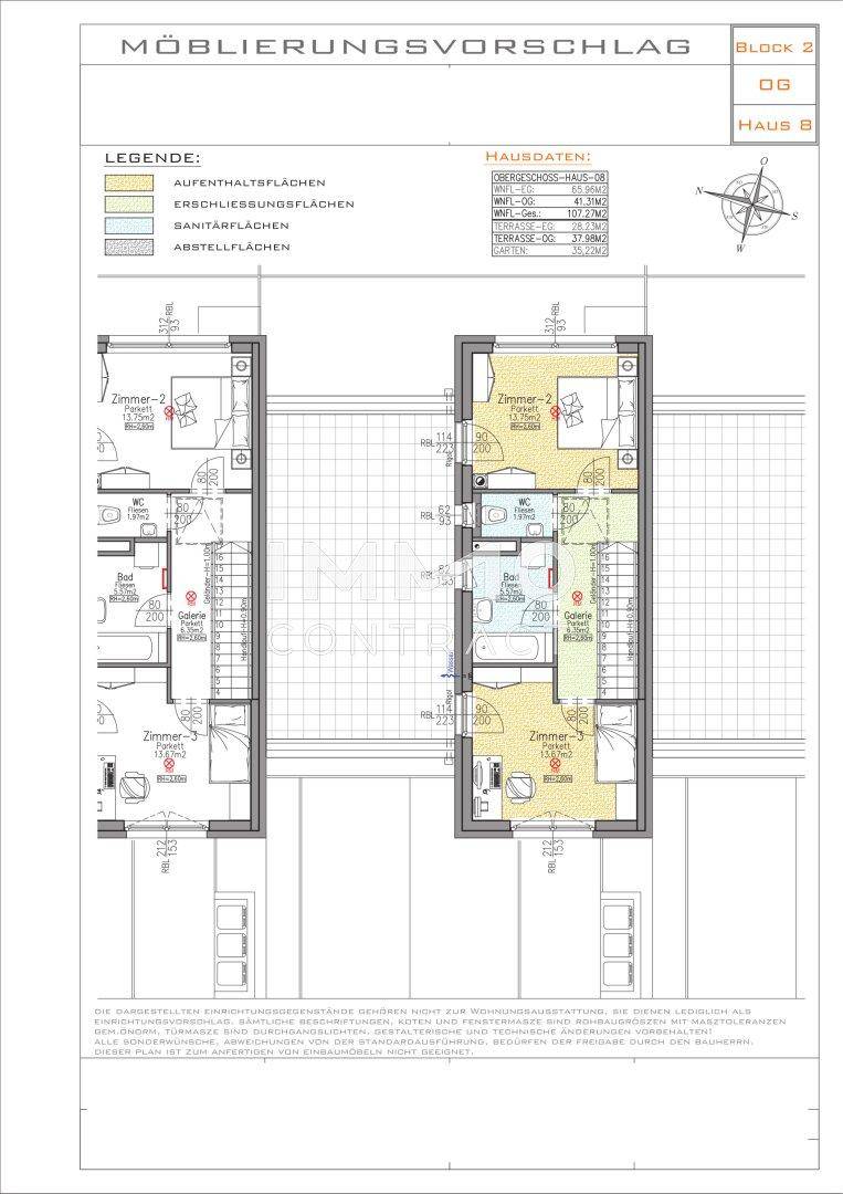 Grundriss für das Obergeschoss mit Schlafzimmern, Bädern und Galeriebereich.