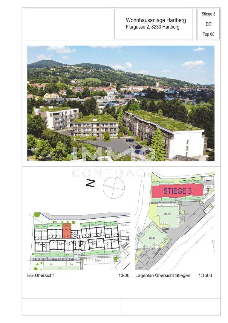 Übersichtsplan der Wohnanlage mit Lageplan und einer Visualisierung der Umgebung.