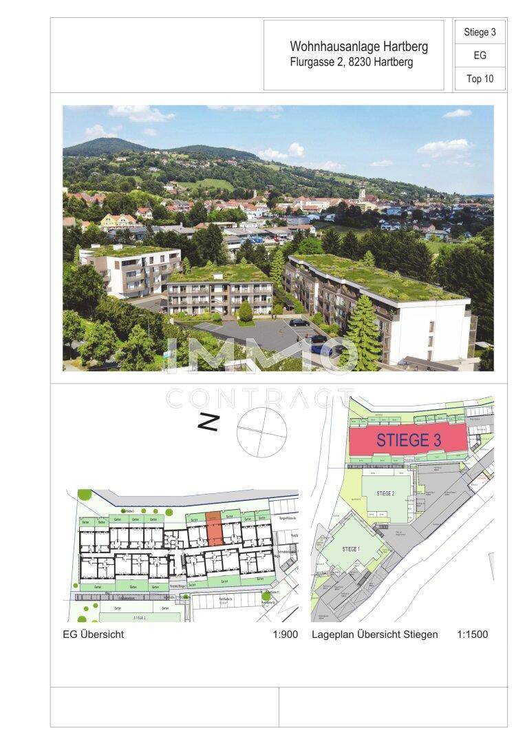 Übersichtsplan der Wohnhausanlage mit Lageplan und Grundrissen der Erdgeschosswohnungen.