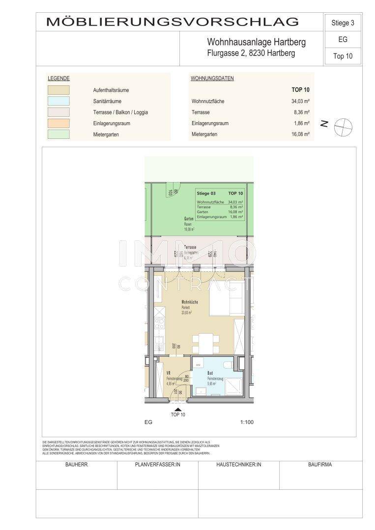Detaillierter Grundriss der Wohnung TOP 10 mit Wohnfläche, Terrasse und Gartenanteil.