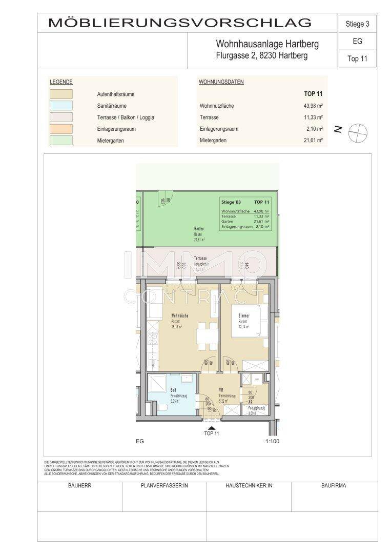 Detaillierter Grundriss für Top 11 mit offener Wohnküche, Schlafzimmer, Bad, Terrasse und Garten.