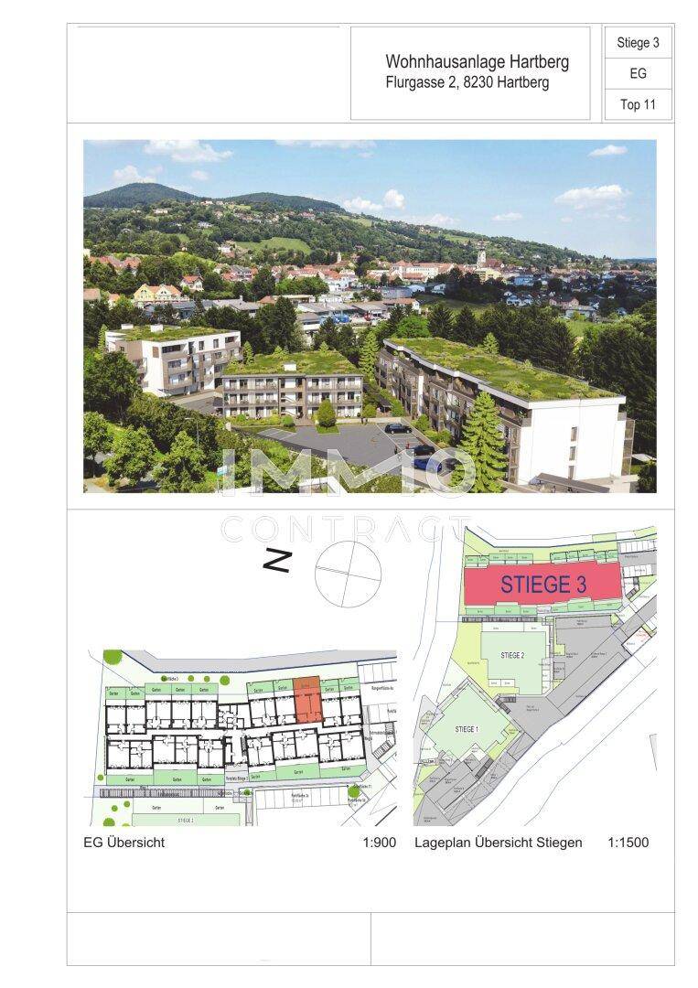 Übersichtsplan der Wohnanlage mit Lageplan und Grundrissdetails für die Stiege 3 im Erdgeschoss.