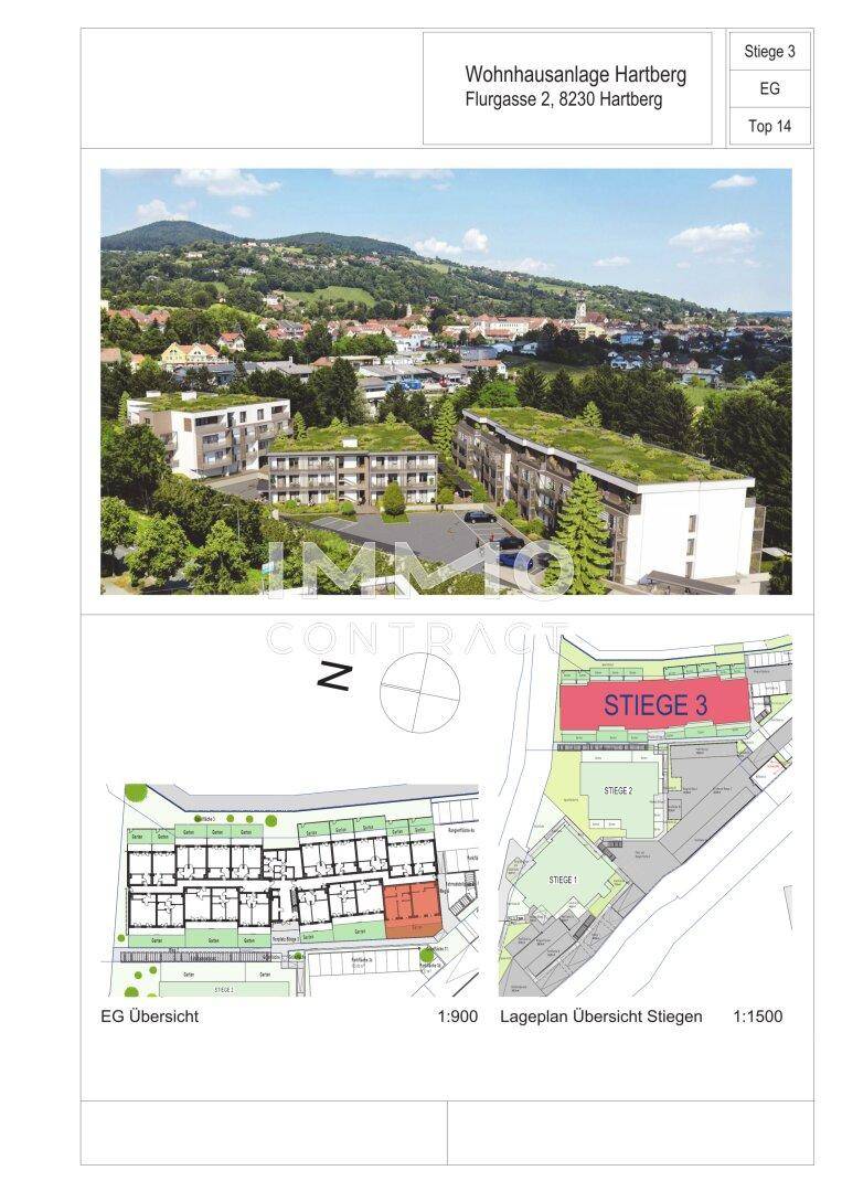 Übersichtsplan der Wohnanlage mit Lageplan und Grundrissen der Erdgeschosswohnungen.
