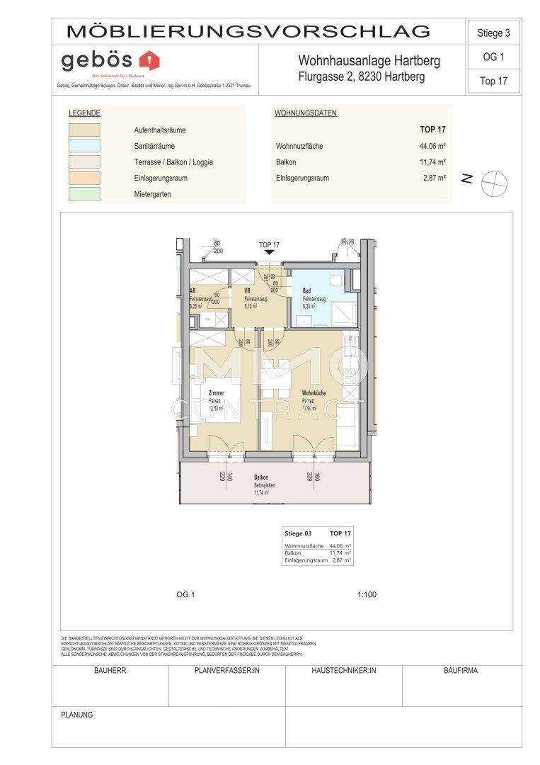 Möblierungsvorschlag für eine Wohnung mit Wohnfläche und Balkon in Quadratmetern.