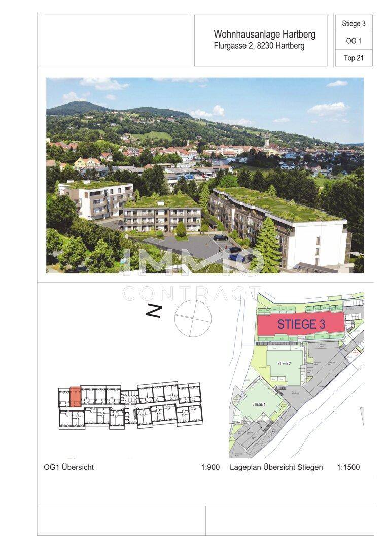 Übersichtsplan der Wohnanlage mit Lageplan und Grundriss des Obergeschosses, inklusive Außenansicht.