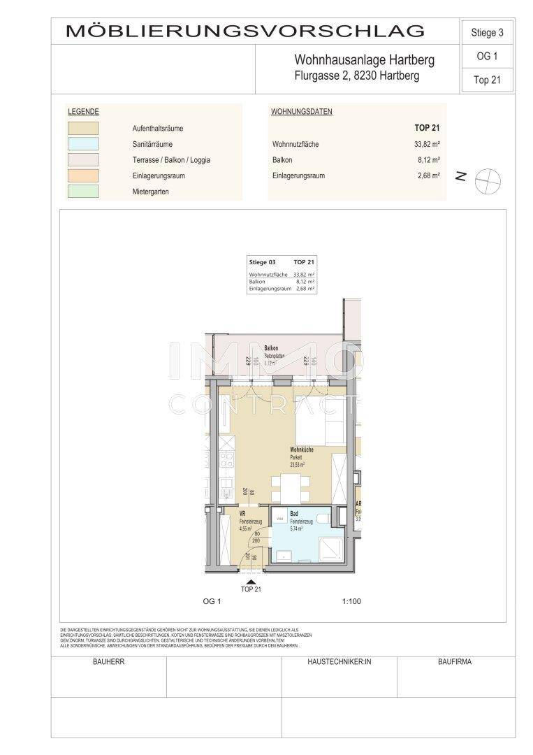 Detaillierter Grundriss einer Wohnung mit Möblierungsvorschlag, Balkon und separatem Gäste-WC.