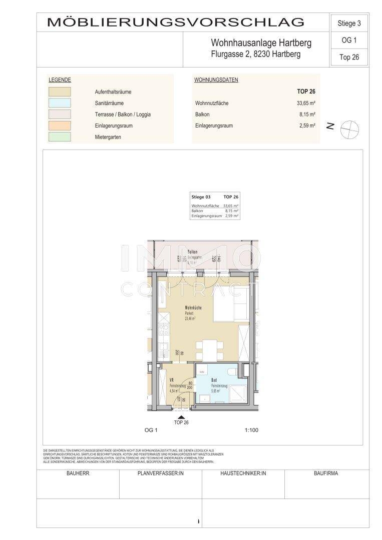 Detaillierter Grundriss mit Möblierungsvorschlag und Flächenangaben für eine Wohneinheit.