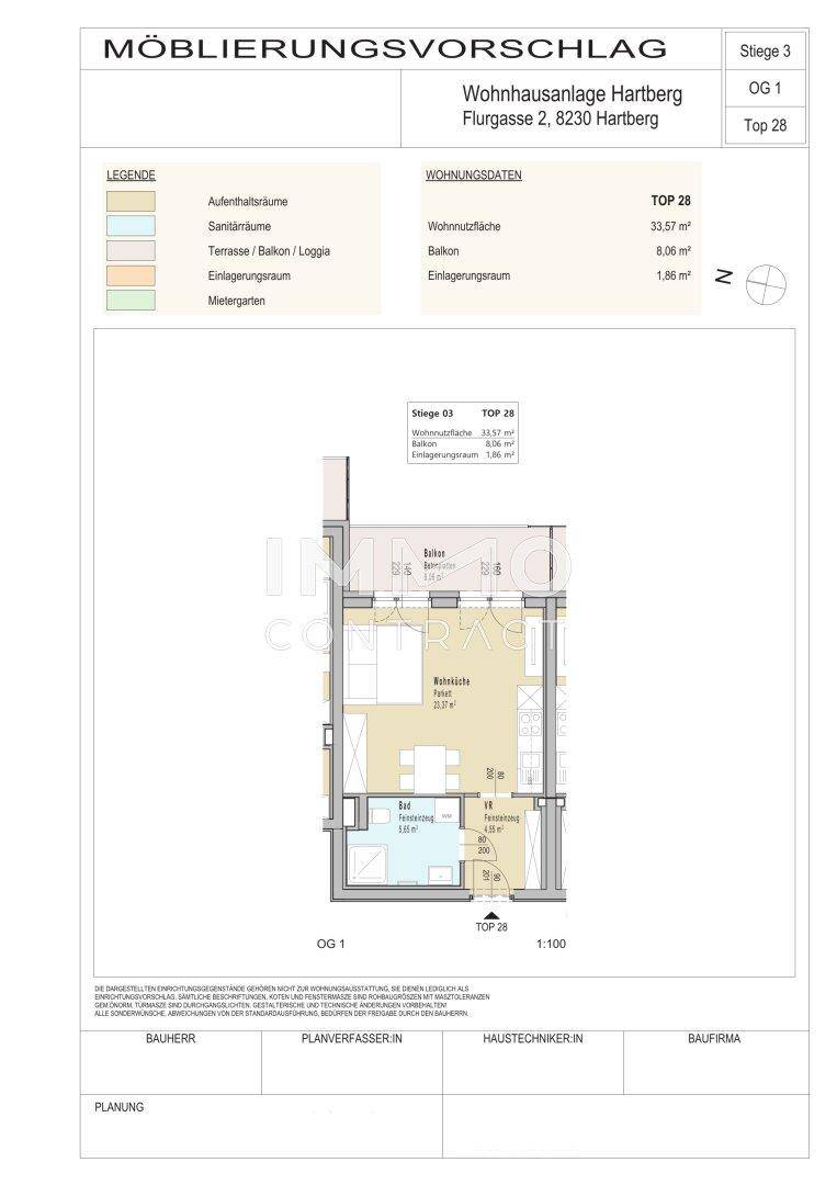 Detaillierter Grundriss einer Wohnung mit Möblierungsvorschlag, Balkon und klar definierten Wohnbereichen.