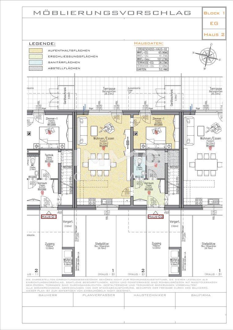 Möblierungsvorschlag für das Erdgeschoss von Haus 2 mit offenem Wohn-Essbereich und Terrasse.