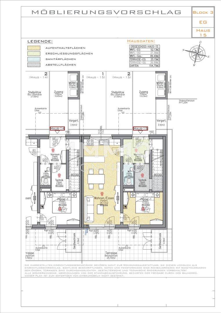 Grundriss des Erdgeschosses mit Wohn-, Ess- und Küchenbereichen für zwei Häuser.